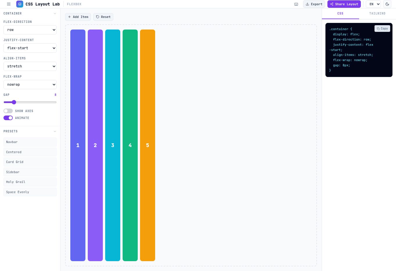 Интерфейс CSS Layout Lab с настройками Flexbox и визуальным результатом
